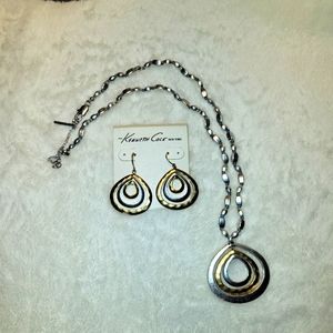 Vintage Kenneth Cole - Beaded Necklace Two-Tone Teardrop Pendant and Earrings